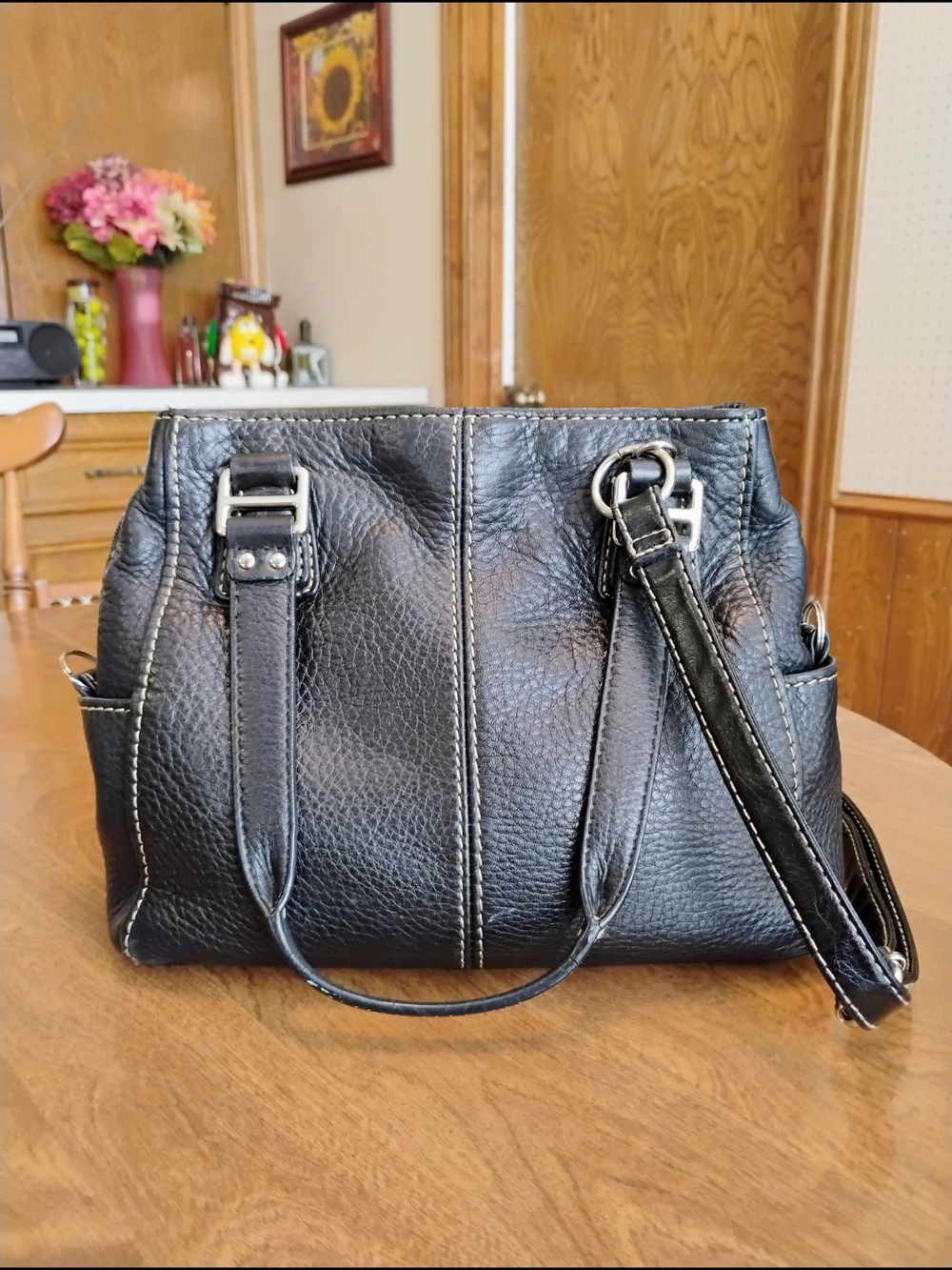 Fossil Classic Black Pebble Grain Leather Crossbody / Satchel With Many Pockets